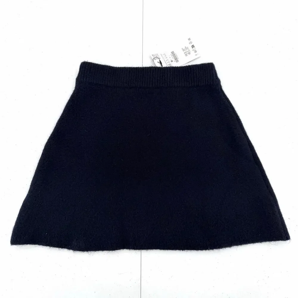 NWT Zara Knitted Brushed Navy Blue Mini Sweater Flare Skirt Size XS